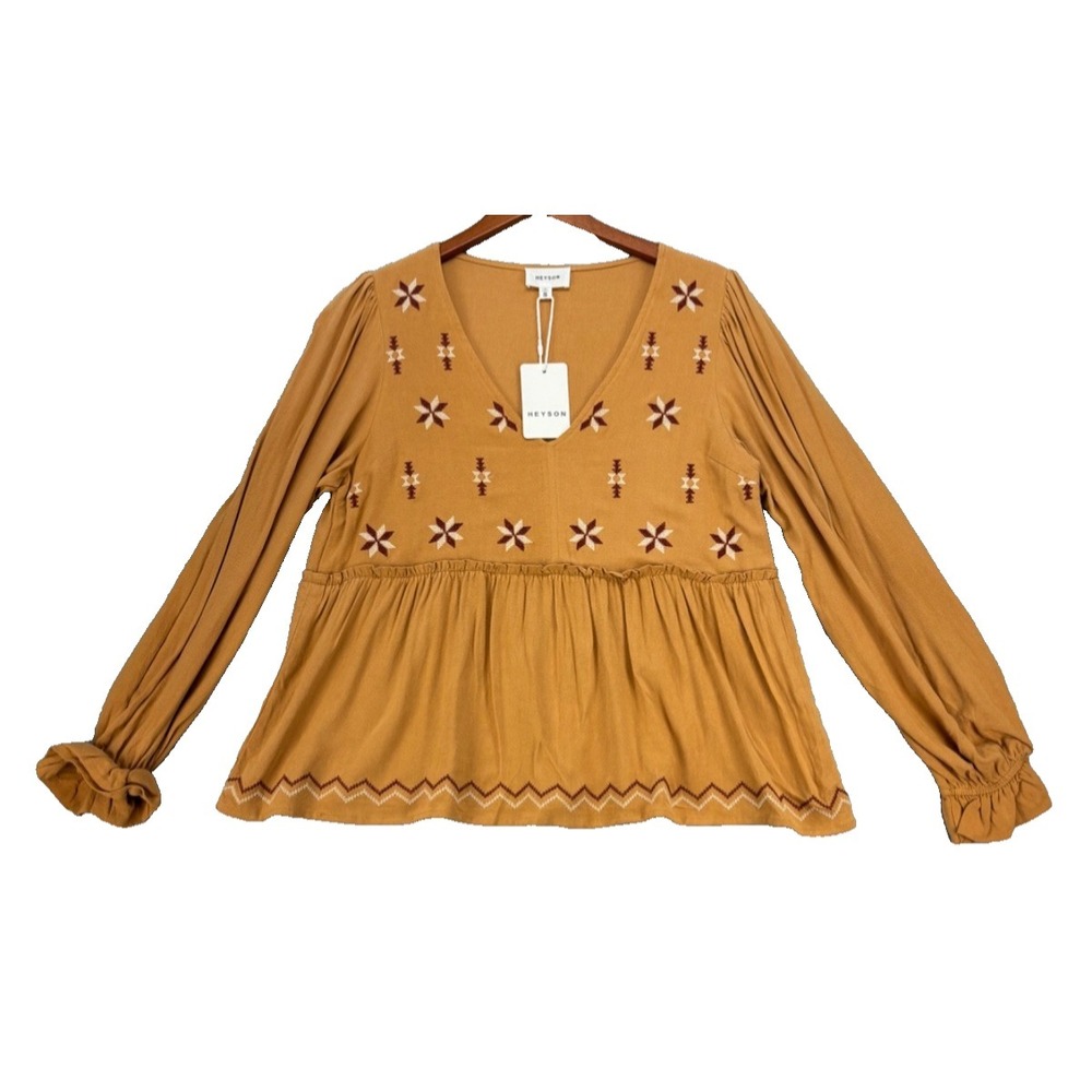 NWT HEYSON V NECK EMBROIDERED BABYDOLL BLOUSE Cider embroidered lightweight boho - Picture 2 of 11